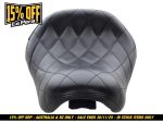 Black quilted leather motorcycle seat for Revelry Motorcycles, premium comfort and style.