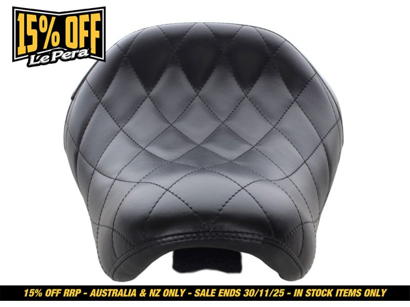 Black quilted leather motorcycle seat for Revelry Motorcycles, premium comfort and style.