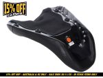 Motorcycle seat designed for Revelry Motorcycles, sleek black leather, comfortable riding.