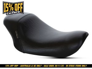 Black leather motorcycle seat for Revelry Motorcycles, perfect for custom Harley builds.