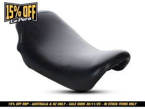 Black motorcycle seat with sleek leather finish, perfect for Revelry Motorcycles.