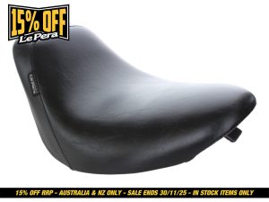 Black leather motorcycle pillion seat for Harley Davidson touring bikes.