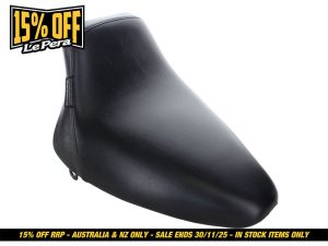 Black motorcycle seat for Revelry Motorcycles, stylish and comfortable design.