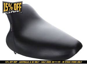 Black motorcycle seat for Revelry Motorcycles, custom bike accessories, and riding gear.