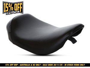 Comfortable black motorcycle seat for Revelry Motorcycles, ideal for touring and cruising.