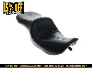 Comfortable black motorcycle seat for Revelry Motorcycles custom bikes.