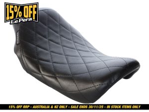 Black quilted motorcycle seat for Revelry Motorcycles, premium bike accessories and gear.