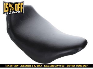 Black motorcycle seat for Revelry Motorcycles, comfortable and durable design.