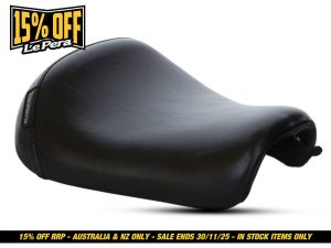 Black leather motorcycle seat, high-quality riding gear for Revelry Motorcycles enthusiasts.