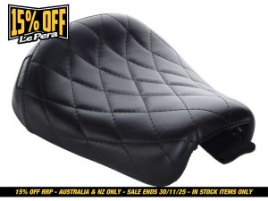 Black quilted motorcycle seat for Revelry Motorcycles, ergonomic and durable design.