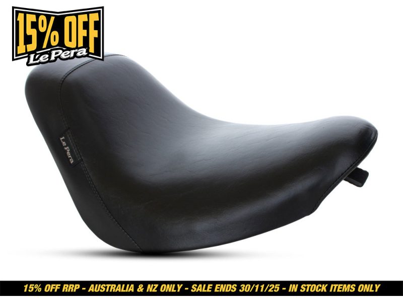 Black leather motorcycle seat from Revelry Motorcycles, customised for comfort and style.