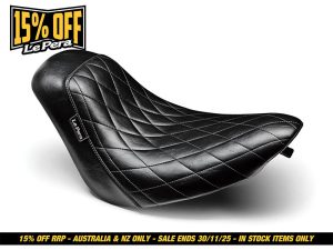Leather motorcycle seat with diamond stitching for Revelry Motorcycles Adelaide.