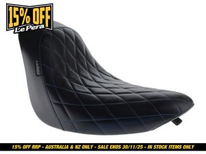 Vintage black quilted motorcycle seat with blue stitching for Revelry Motorcycles Australia.