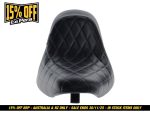 Black quilted motorcycle seat with blue stitching, ideal for revelling motorcycle style.