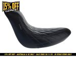 Black quilted leather motorcycle seat with blue stitching for Revelry Motorcycles.