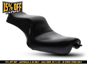 Leather motorcycle seat with sleek black design for Revelry Motorcycles.