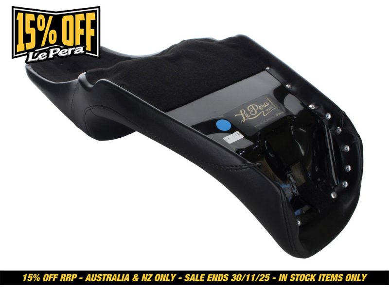 Black motorcycle seat with "Le Pera" branding, suitable for custom Harley bikes.