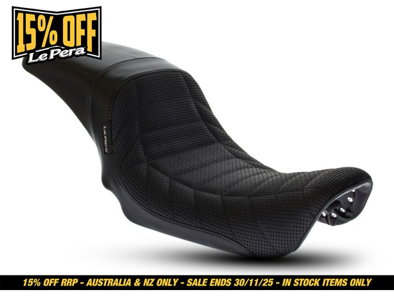 Daytona Sport Dual Seat with Basket Weave & Flat Track Pleats. Fits Dyna 2006-2017. Black motorcycle seat, custom fit for comfort, durable, and ideal for rebel riding experiences.