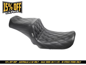 High-quality black leather motorcycle seat for Revelry Motorcycles.