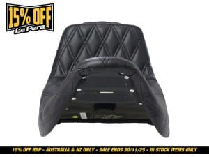 Black quilted motorcycle seat with deluxe padding for Revelry Motorcycles.