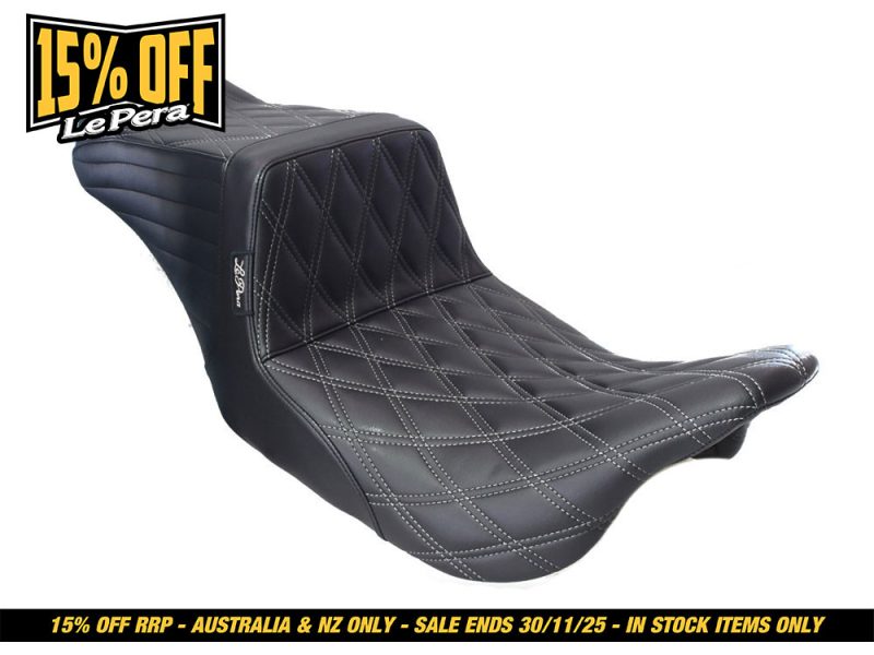 High-quality motorcycle seat with custom quilting for Revelry Motorcycles enthusiasts.