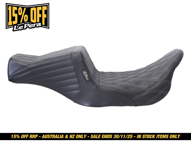 Comfortable black motorcycle seat with quilted leather design for Revelry Motorcycles.
