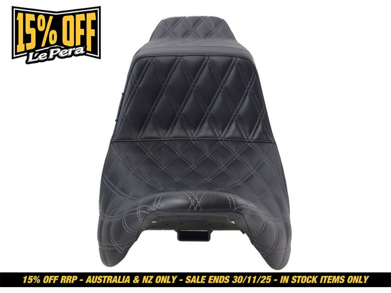 Leather motorcycle seat with quilted stitching for Revelry Motorcycles.