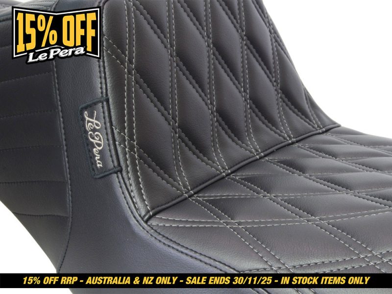 High-quality black leather motorcycle seat with detailed stitching for Revelry Motorcycles accessories.