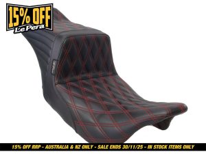 Black motorcycle seat with red diamond stitch detailing for Revelry Cycles Australia.