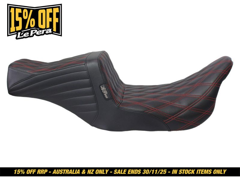 Luxurious black motorcycle seat with red stitching for Revelry Motorcycles Customisation.