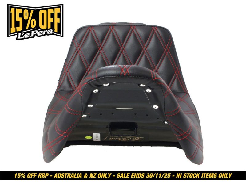 Leather motorcycle seat with diamond-stitched red accents for cafe racer style.