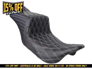 Black leather motorcycle seat with diamond stitching, ideal for custom Harley Davidson bikes.