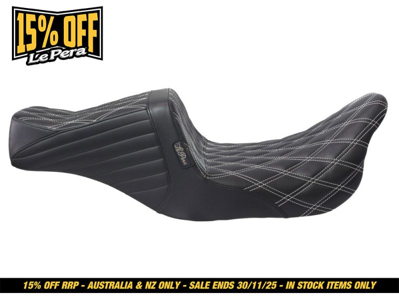 High-quality black motorcycle seat with diamond stitch detailing, designed for comfort and durability.