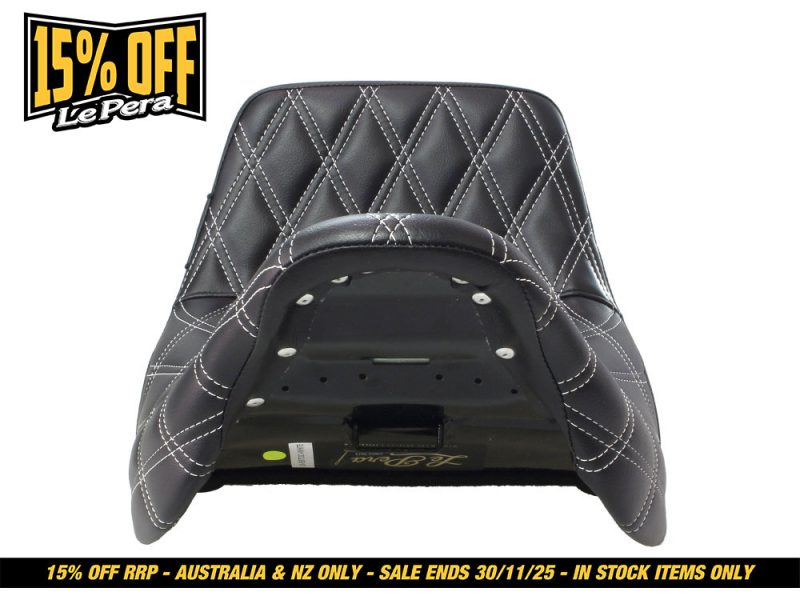 Black quilted motorcycle seat with white stitching for Revelry Motorcycles.