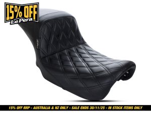 Black quilted motorcycle seat for Revelry Motorcycles, high-quality Australian made accessories.