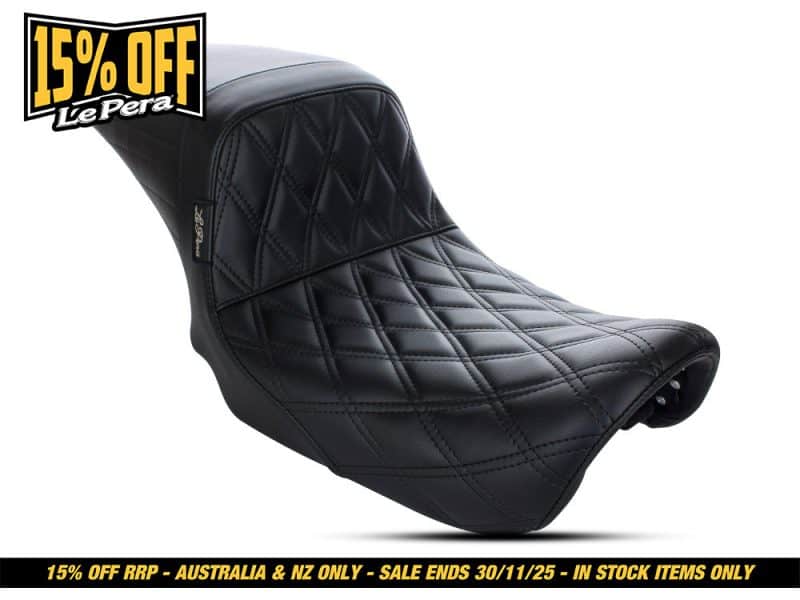 Black quilted motorcycle seat for Revelry Motorcycles, high-quality Australian made accessories.