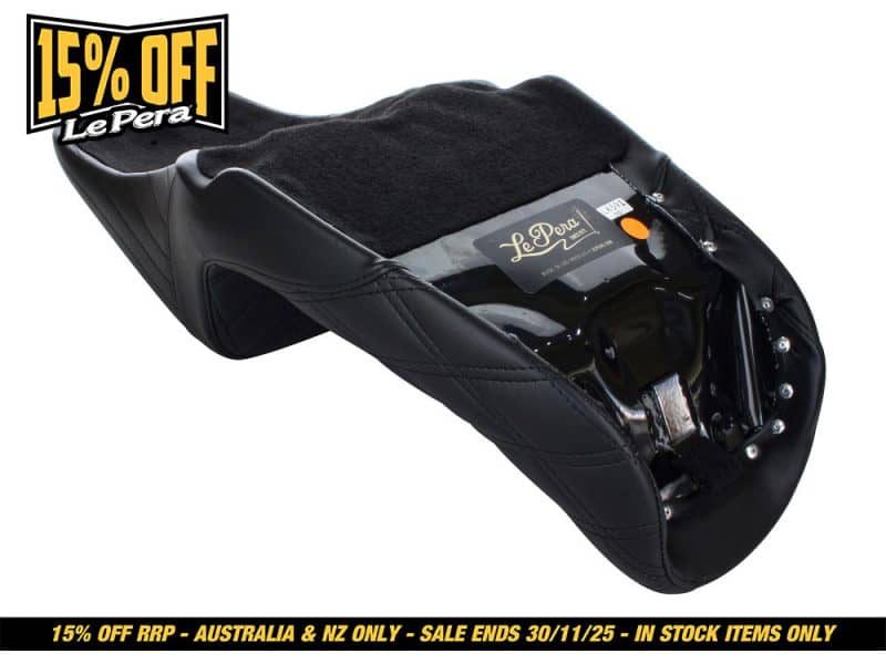 Leather motorcycle passenger seat with black leather upholstery for Revelry Motorcycles.