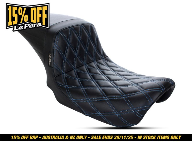 Premium motorcycle seat with black leather and blue stitching for Revelry Motorcycles.