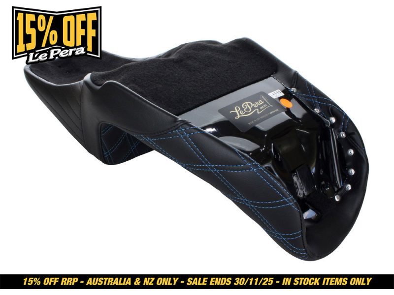 Black motorcycle passenger seat with blue stitching and Le Pera branding for Revelry Motorcycles in Australia.