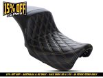 Black motorcycle seat with diamond-stitched leather, ideal for custom bikes and cafe racers.