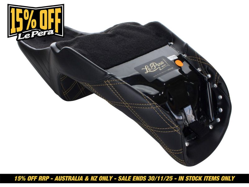 LePera motorcycle seat with black leather and yellow stitching, perfect for custom bikes.