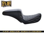 High-quality black leather motorcycle seat with diamond stitching for Revelry bikes.