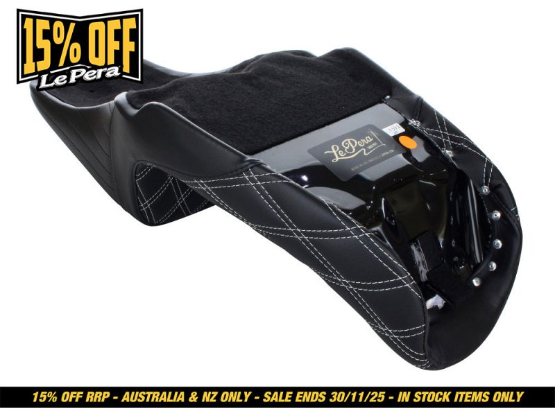 Black motorcycle seat with leather stitching and padding for Revelry Motorcycles.