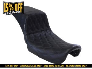 Black quilted motorcycle seat custom for Revelry Motorcycles Australia.