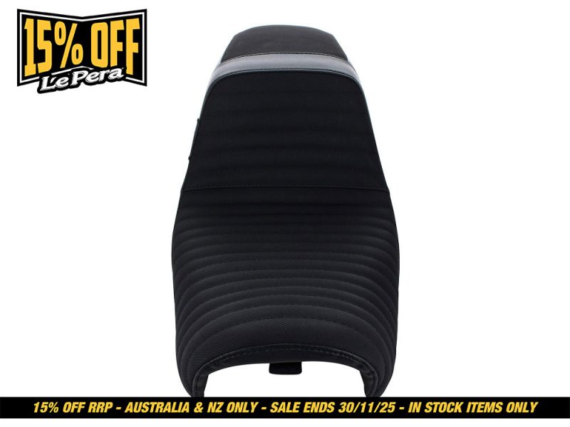 Black motorcycle seat with ergonomic design for Revelry Motorcycles.
