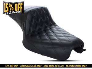 Leather motorcycle seat with diamond quilting, stylish and comfortable for Revelry Motorcycles.