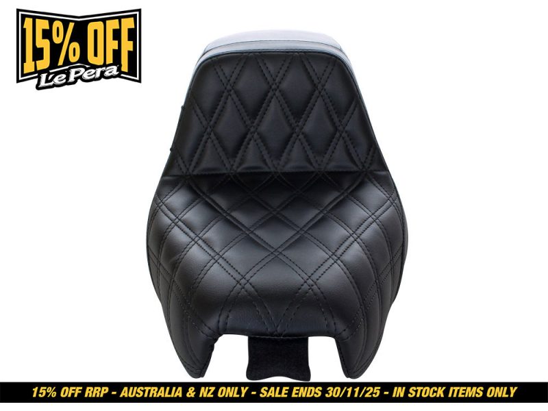 Black quilted motorcycle seat, premium leather, Revelry Motorcycles accessories.
