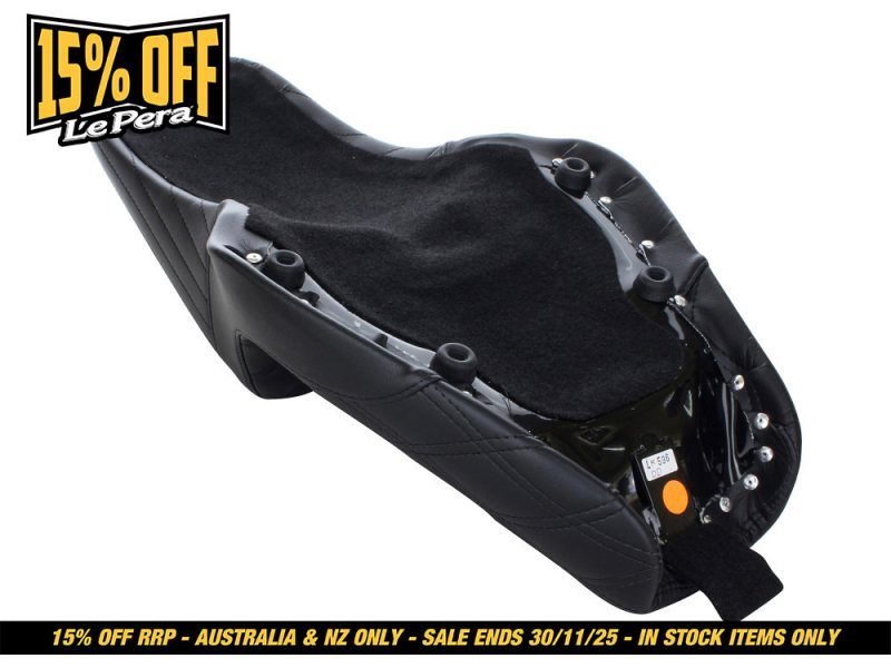 Premium motorcycle passenger seat Australian delivery for Revelry Motorcycles.