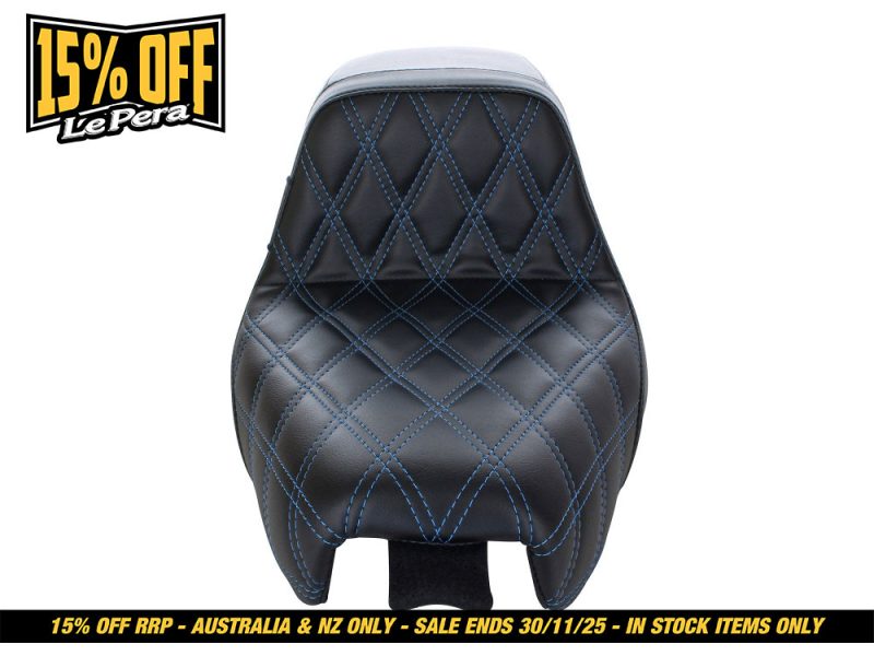 Black motorcycle seat with blue stitching for Revelry Motorcycles.