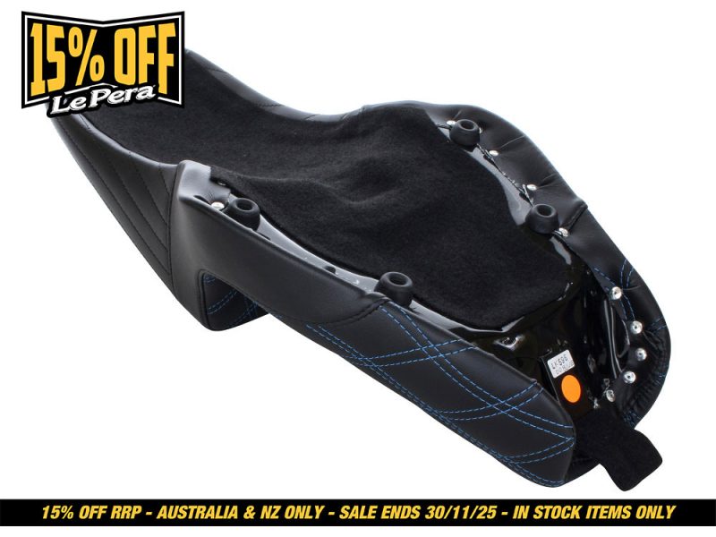 Black motorcycle seat with blue stitching, foam padding, and mounting hardware for Revelry Motorcycles.